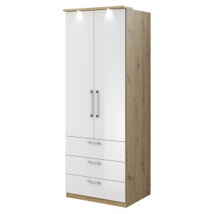 Dressing d'angle complet collection MODULO coloris chêne et blanc brillant avec LED, joues de finitions et étagères inclus.