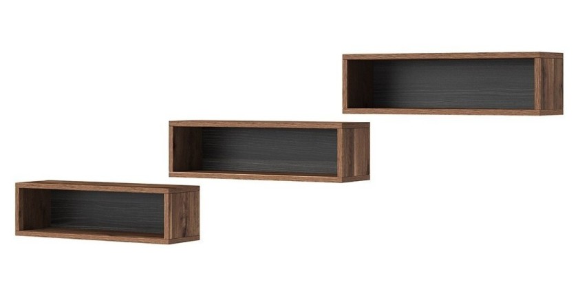 3 Étagères murales coloris chêne et gris. Collection SILVA.