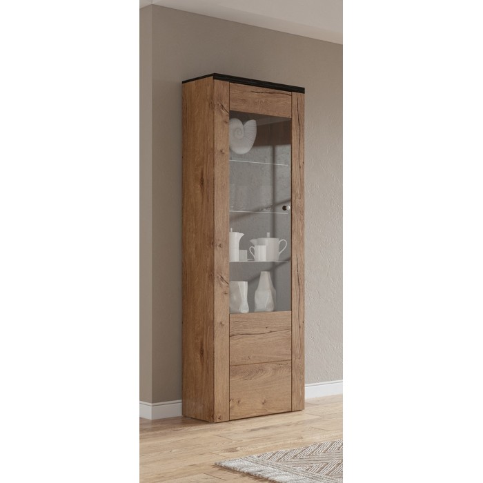 Vitrine haute design 1 porte avec éclairage LED collection SANTIAGO. Coloris chêne et noir effet bois.