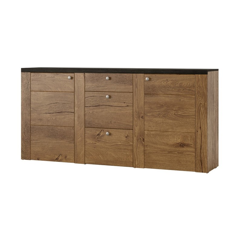 Buffet design 175cm pour salon couleur chêne et noir effet bois collection SANTIAGO.