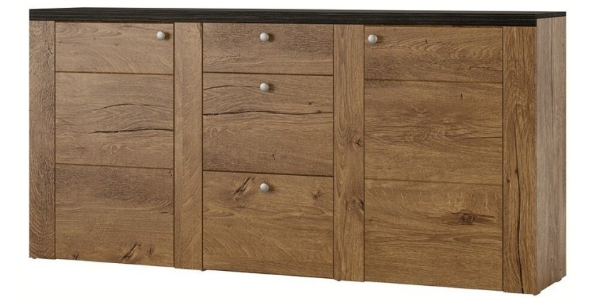 Buffet design 175cm pour salon couleur chêne et noir effet bois collection SANTIAGO.