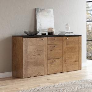 Buffet design 175cm pour salon couleur chêne et noir effet bois collection SANTIAGO.