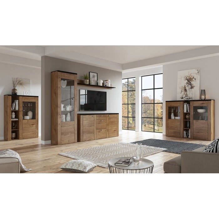 Buffet design 175cm pour salon couleur chêne et noir effet bois collection SANTIAGO.