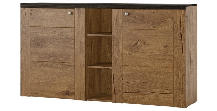 Buffet design 155cm pour salon couleur chêne et noir effet bois collection SANTIAGO.