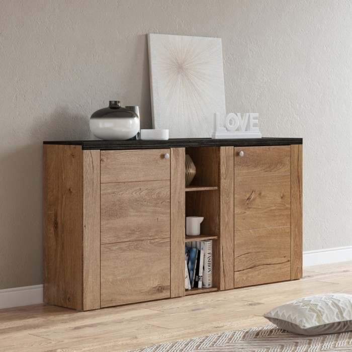 Buffet design 155cm pour salon couleur chêne et noir effet bois collection SANTIAGO.