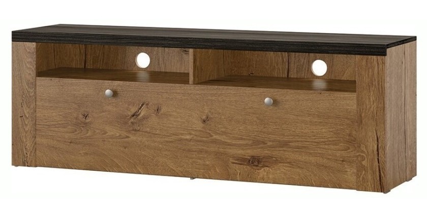 Meuble TV 140cm collection SANTIAGO. Couleur chêne et noir effet bois. 1 Porte
