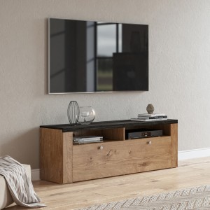 Meuble TV 140cm collection SANTIAGO. Couleur chêne et noir effet bois. 1 Porte