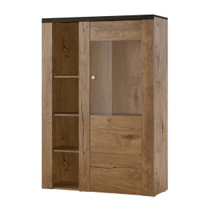 Buffet haut design 1 porte pour salon couleur chêne et noir effet bois. collection SANTIAGO.