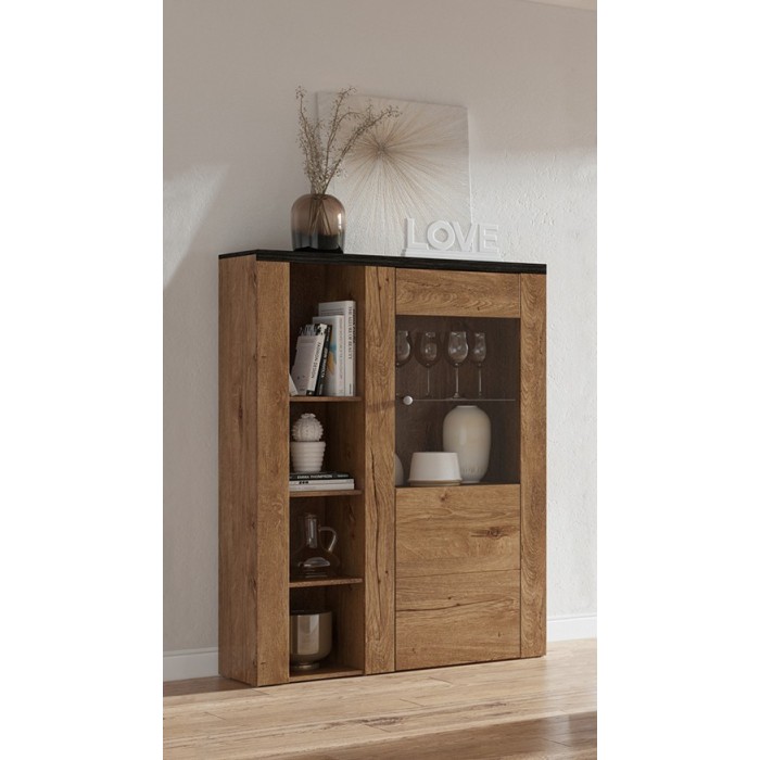 Buffet haut design 1 porte pour salon couleur chêne et noir effet bois. collection SANTIAGO.