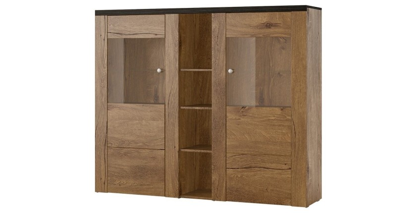 Vaisselier design 2 portes pour salon couleur chêne et noir effet bois. collection SANTIAGO.