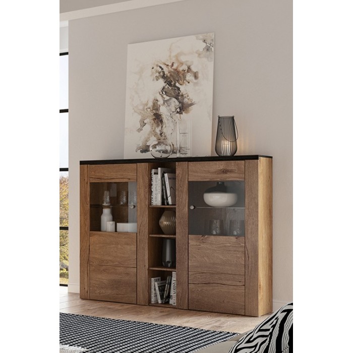 Vaisselier design 2 portes pour salon couleur chêne et noir effet bois. collection SANTIAGO.