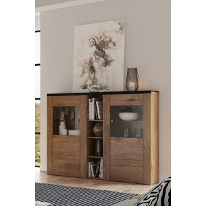 Vaisselier design 2 portes pour salon couleur chêne et noir effet bois. collection SANTIAGO.