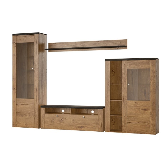 Ensemble de 4 meubles de salon collection SANTIAGO. Coloris chêne et noir effet bois.