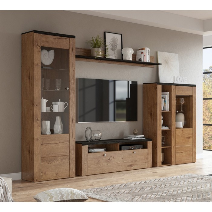 Ensemble de 4 meubles de salon collection SANTIAGO. Coloris chêne et noir effet bois.