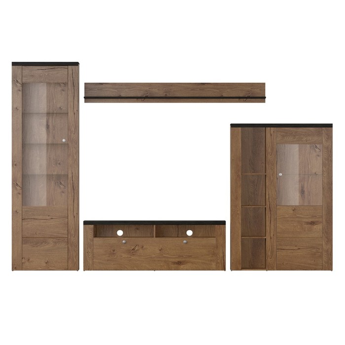 Ensemble de 4 meubles de salon collection SANTIAGO. Coloris chêne et noir effet bois.