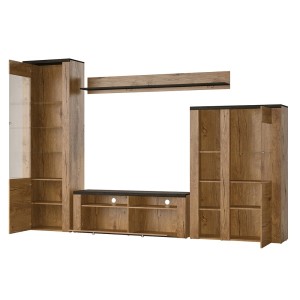 Ensemble de 4 meubles de salon collection SANTIAGO. Coloris chêne et noir effet bois.