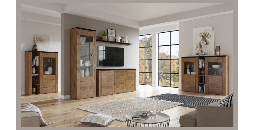 Ensemble de 5 meubles de salon collection SANTIAGO. Coloris chêne et noir effet bois.