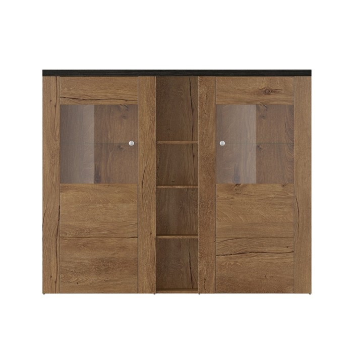 Ensemble de 5 meubles de salon collection SANTIAGO. Coloris chêne et noir effet bois.