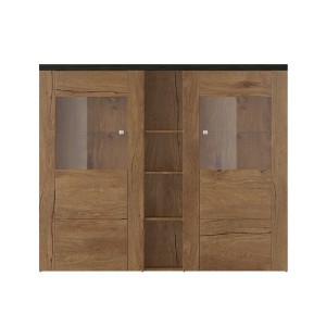 Ensemble de 5 meubles de salon collection SANTIAGO. Coloris chêne et noir effet bois.