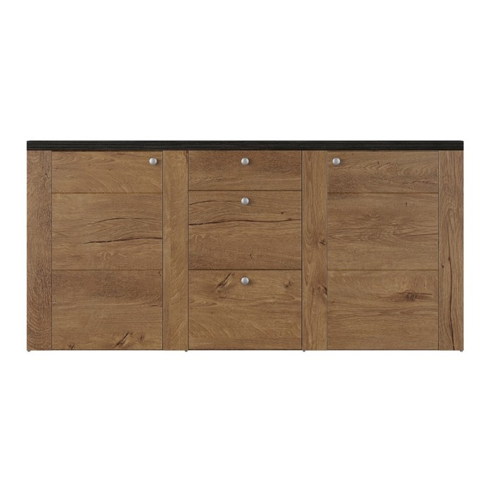 Ensemble de 5 meubles de salon collection SANTIAGO. Coloris chêne et noir effet bois.