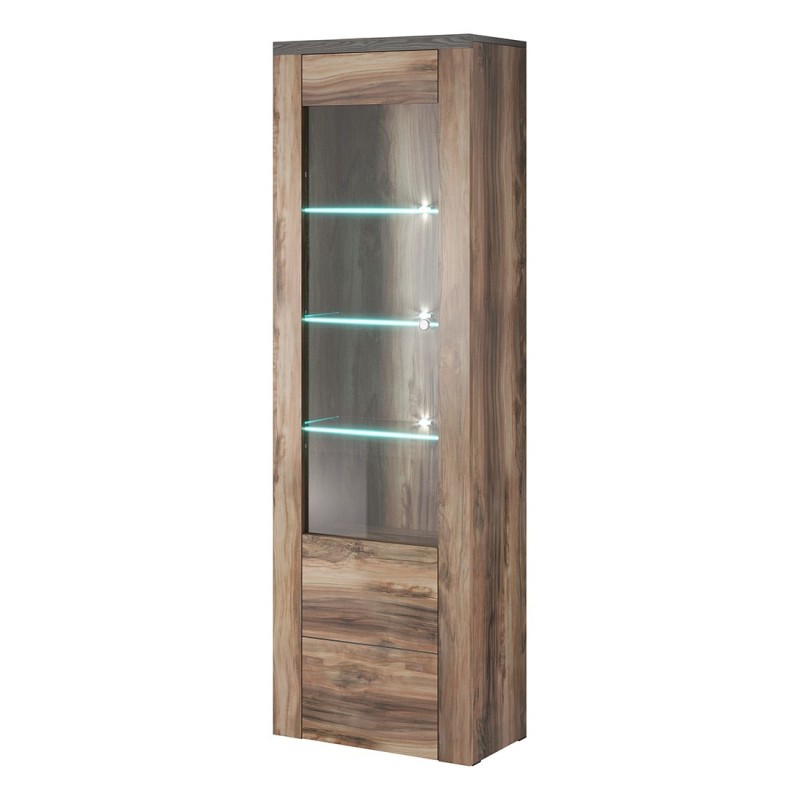 Vitrine haute design 1 porte avec éclairage LED collection SANTIAGO. Coloris noyer et noir effet bois.