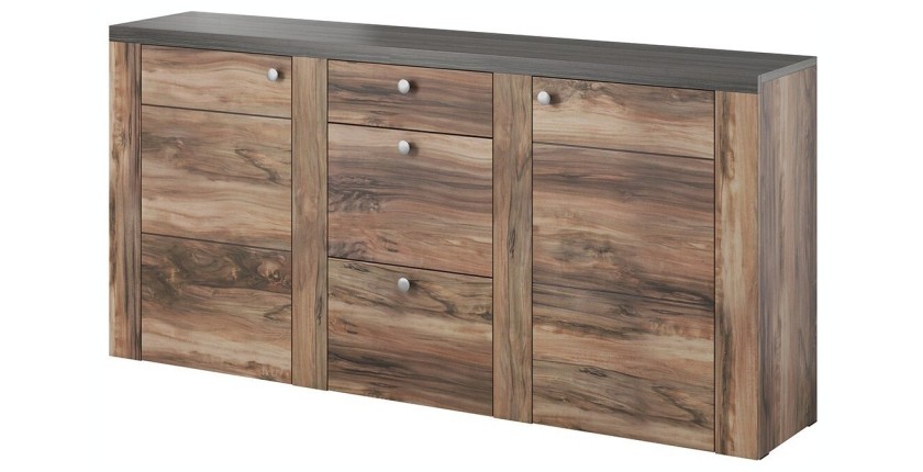Buffet design 175cm pour salon couleur noyer et noir effet bois collection SANTIAGO.