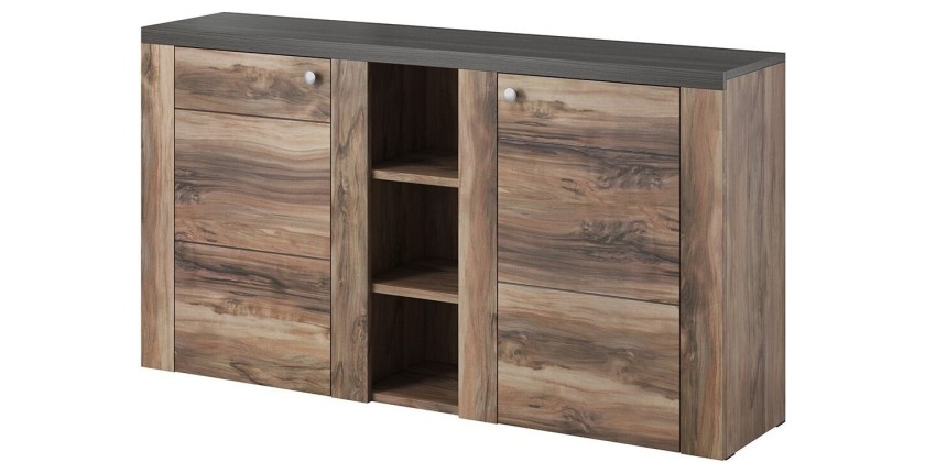 Buffet design 155cm pour salon couleur noyer et noir effet bois collection SANTIAGO.