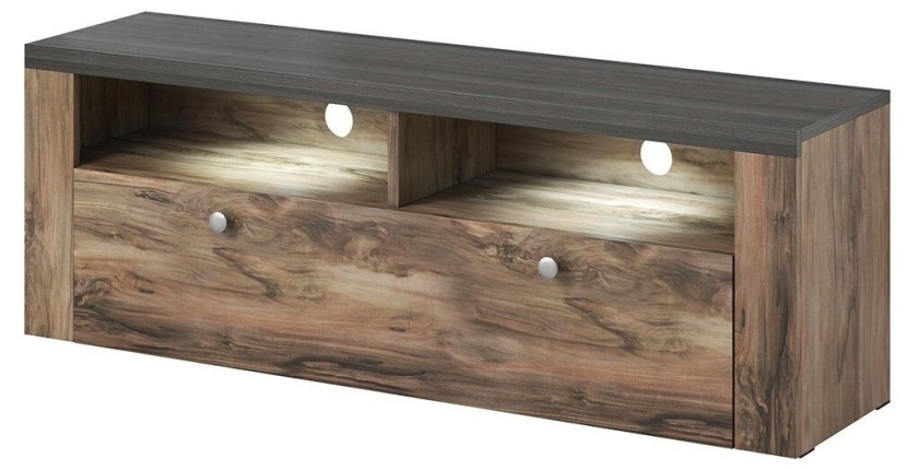 Meuble TV 140cm collection SANTIAGO. Couleur noyer et noir effet bois. 1 Porte