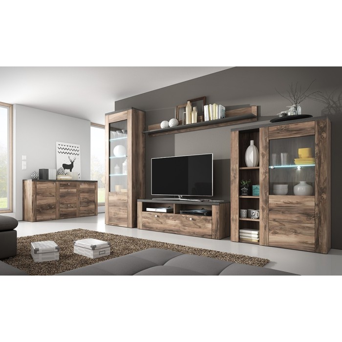 Buffet haut design 1 porte pour salon couleur noyer et noir effet bois. collection SANTIAGO.