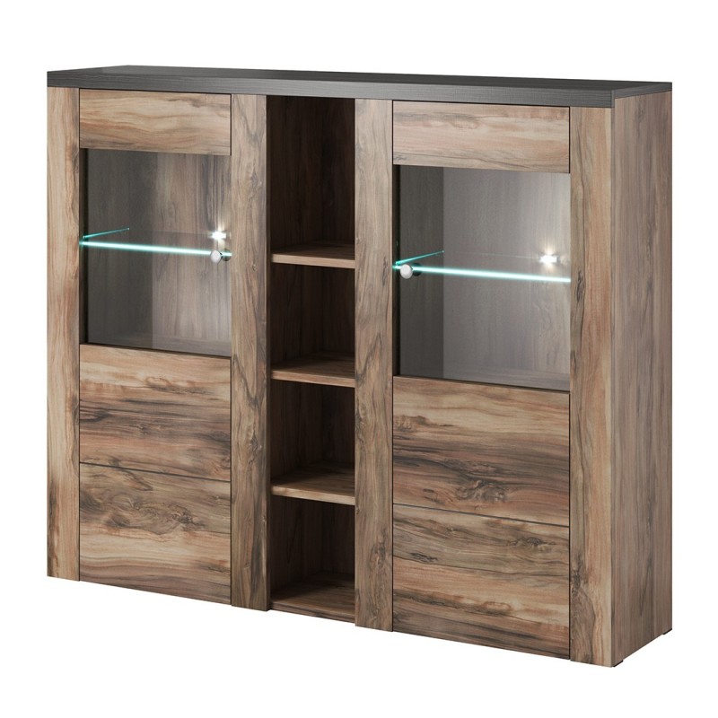 Vaisselier design 2 portes pour salon couleur noyer et noir effet bois. collection SANTIAGO.