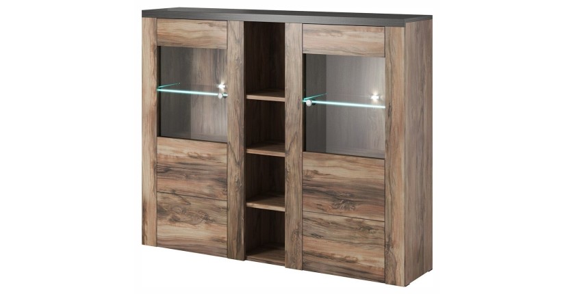 Vaisselier design 2 portes pour salon couleur noyer et noir effet bois. collection SANTIAGO.