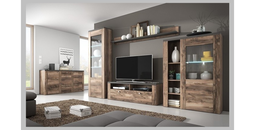 Ensemble de 5 meubles de salon collection SANTIAGO. Coloris noyer et noir effet bois.