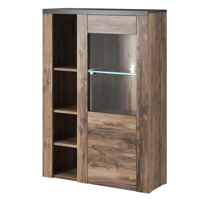 Ensemble de 5 meubles de salon collection SANTIAGO. Coloris noyer et noir effet bois.