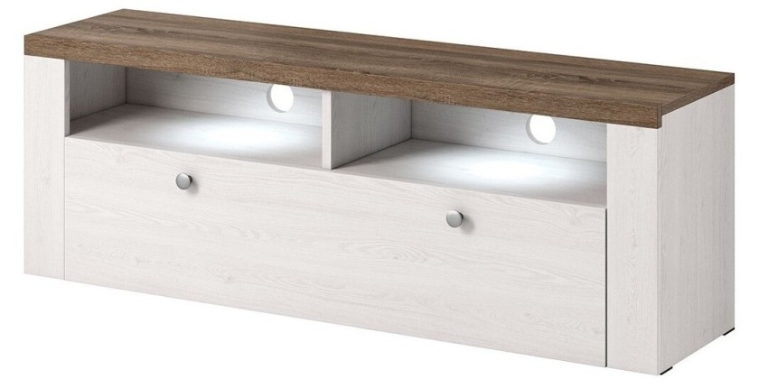 Meuble TV 140cm collection SANTIAGO. Couleur blanc effet bois et chêne. 1 Porte