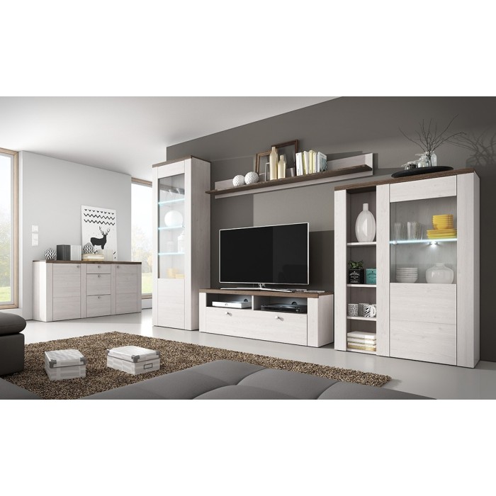 Meuble TV 140cm collection SANTIAGO. Couleur blanc effet bois et chêne. 1 Porte
