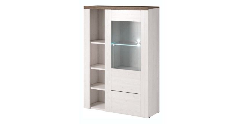 Buffet haut design 1 porte pour salon couleur blanc effet bois et chêne. Collection SANTIAGO.