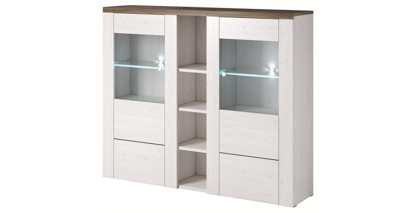 Vaisselier design 2 portes pour salon couleur blanc effet bois et chêne. Collection SANTIAGO.