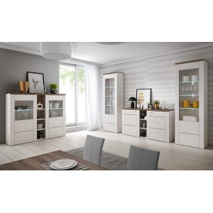 Vaisselier design 2 portes pour salon couleur blanc effet bois et chêne. Collection SANTIAGO.