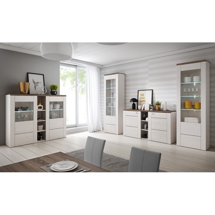 Ensemble de 4 meubles de salon collection SANTIAGO. Coloris blanc effet bois et chêne.