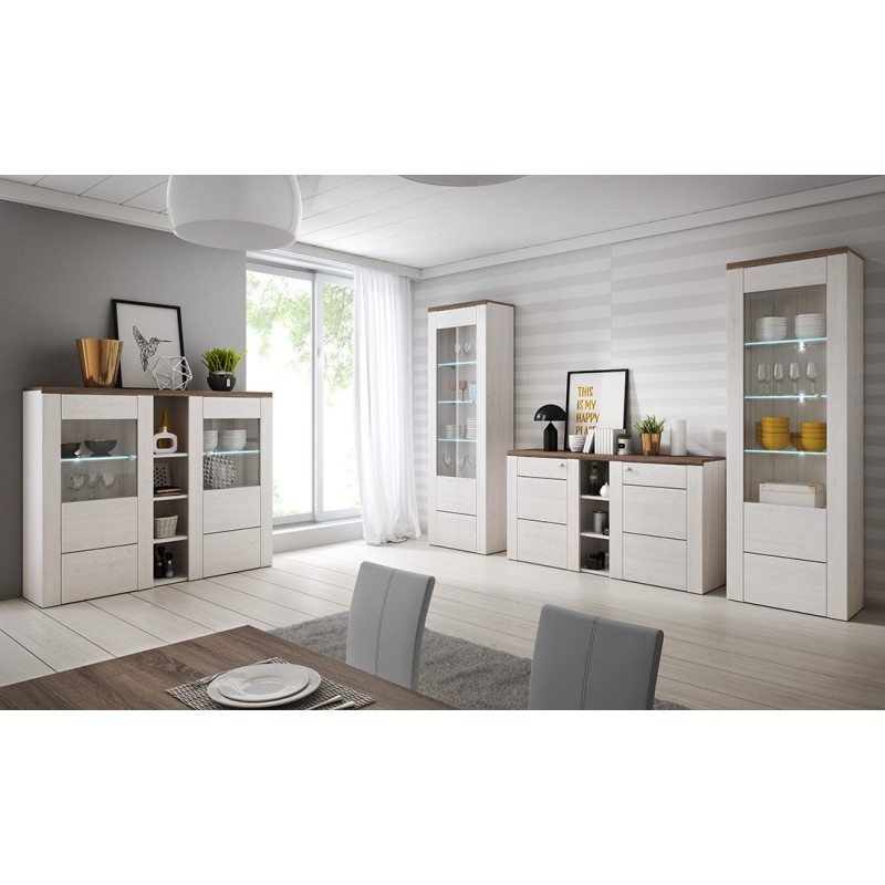 Ensemble de 4 meubles de salon collection SANTIAGO. Coloris blanc effet bois et chêne.