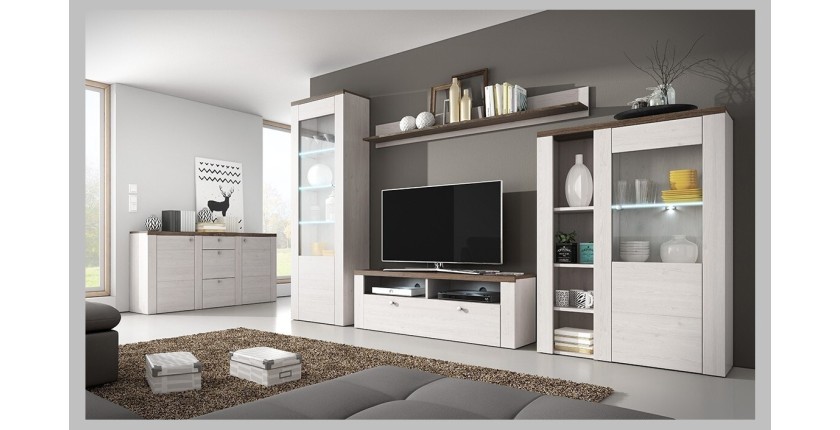 Ensemble de 5 meubles de salon collection SANTIAGO. Coloris blanc effet bois et chêne.