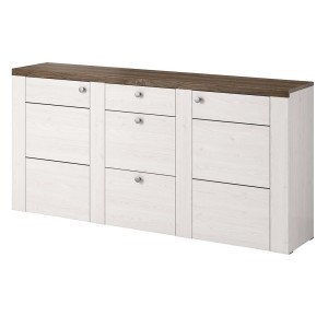 Ensemble de 5 meubles de salon collection SANTIAGO. Coloris blanc effet bois et chêne.