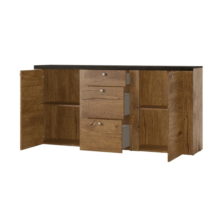 Ensemble de 5 meubles de salon collection SANTIAGO. Coloris blanc effet bois et chêne.