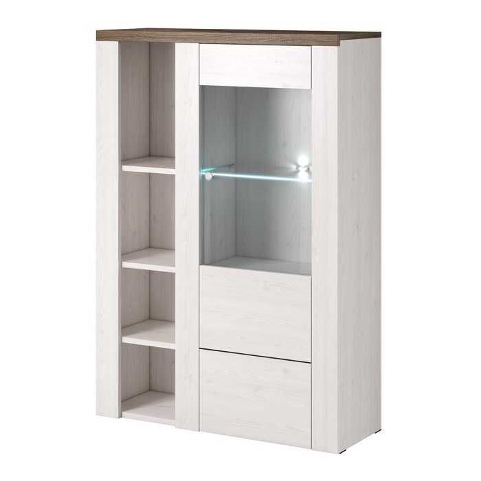 Ensemble de 5 meubles de salon collection SANTIAGO. Coloris blanc effet bois et chêne.