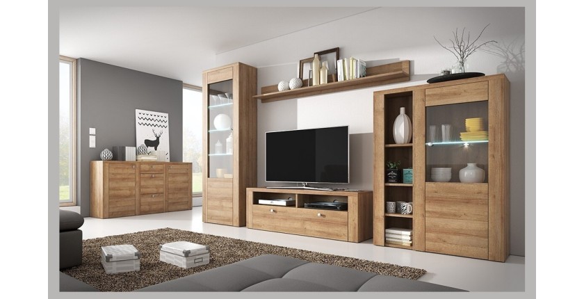 Ensemble de 5 meubles de salon collection SANTIAGO. Coloris chêne.
