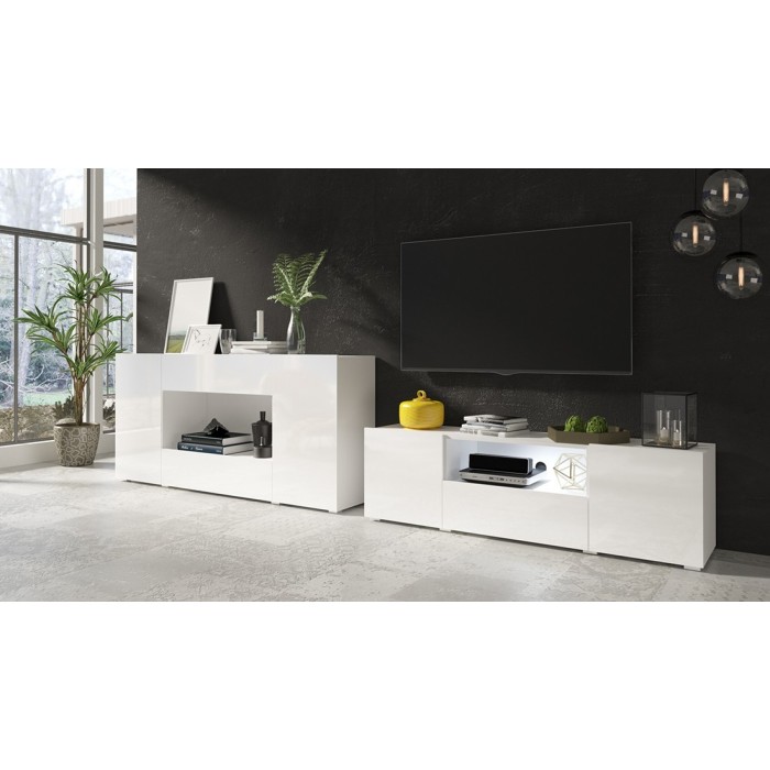 Buffet XL design 180cm pour salon couleur blanc brillant collection PAROS.