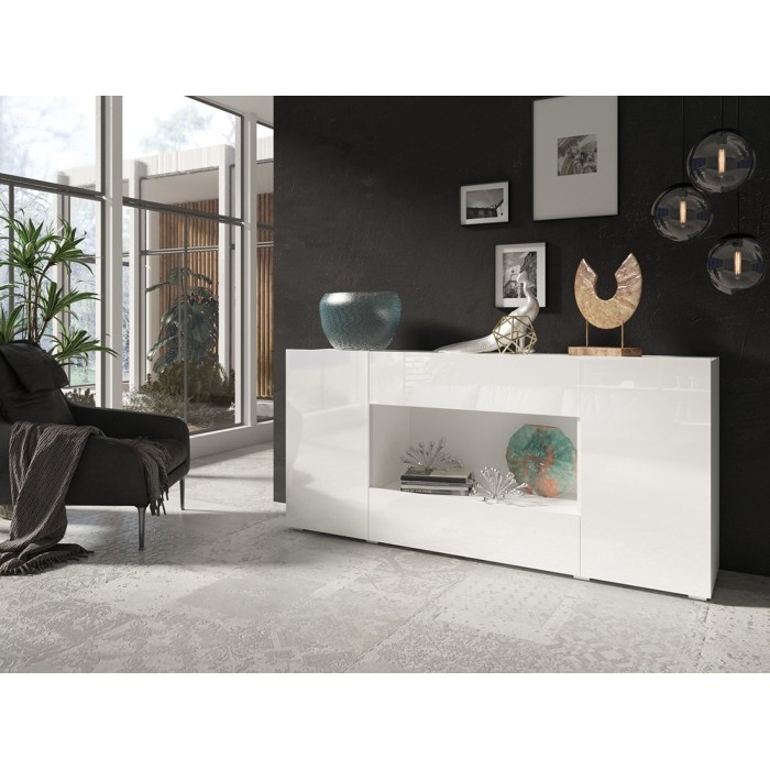 Buffet XL design 180cm pour salon couleur blanc brillant collection PAROS.