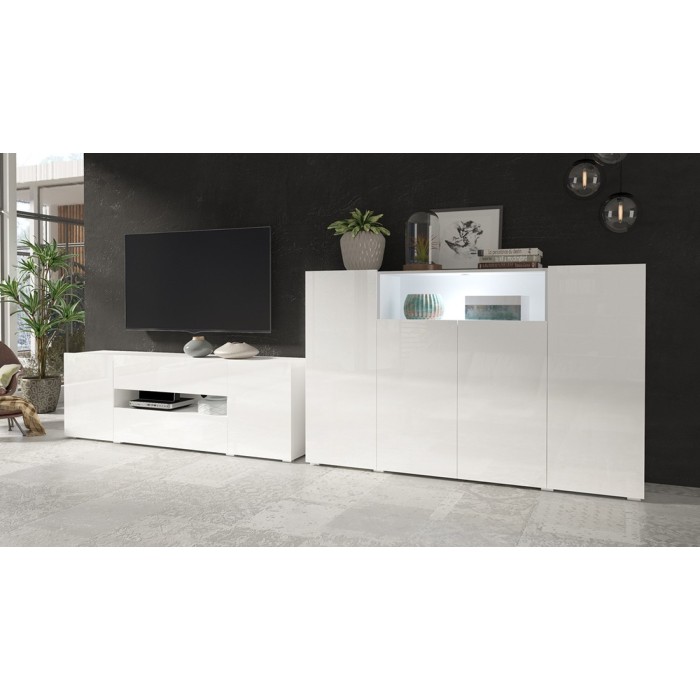 Meuble TV 180cm collection PAROS. Couleur blanc brillant.