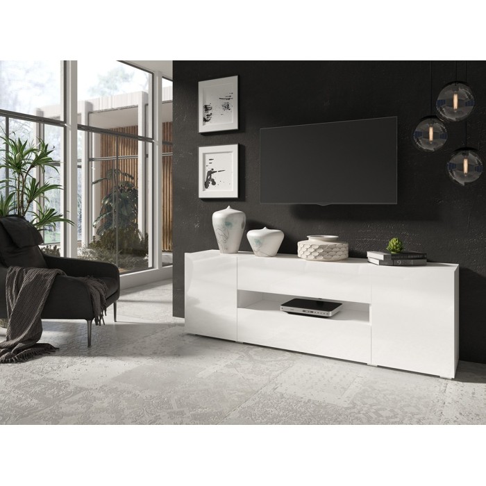 Meuble TV 180cm collection PAROS. Couleur blanc brillant.