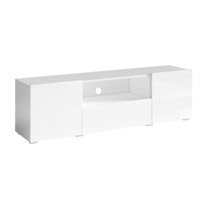 Meuble TV 160cm avec éclairage LED collection PAROS. Couleur blanc brillant.
